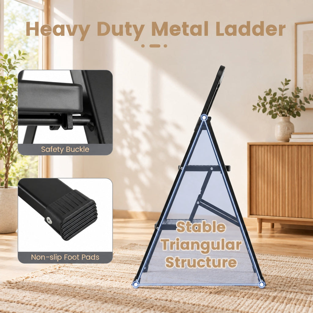Airfind 2 Step Black Folding Step Stool with Wide Anti, 330 lbs Capacity, Metal PE Frame, Black, Overall Dimensions 2-Step 16.5 x 20 x