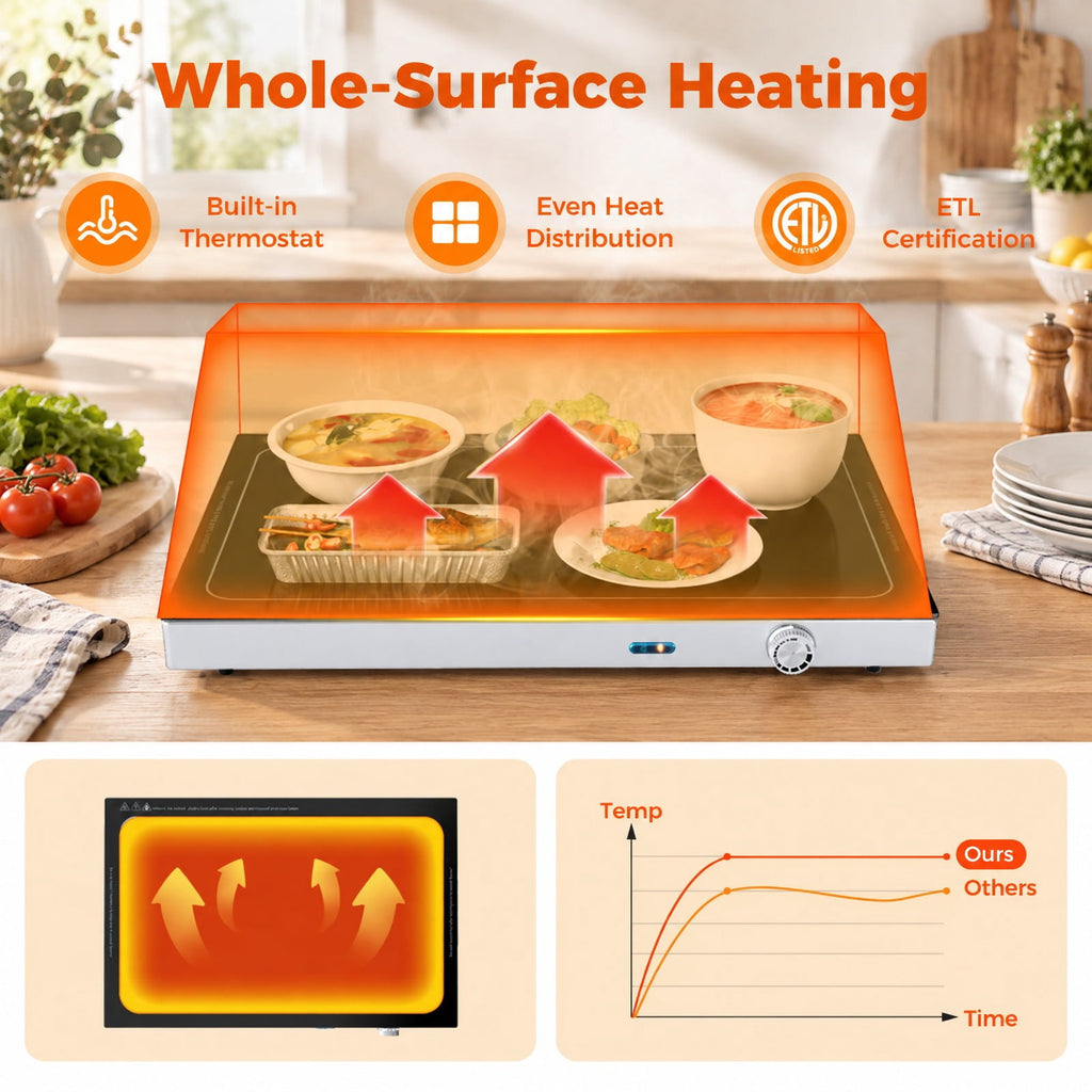 Airfind Electric Warming Tray with Adjustable Temperature and Built, Tempered Glass Stainless Steel Galvanized Steel Frame, Black and Silver