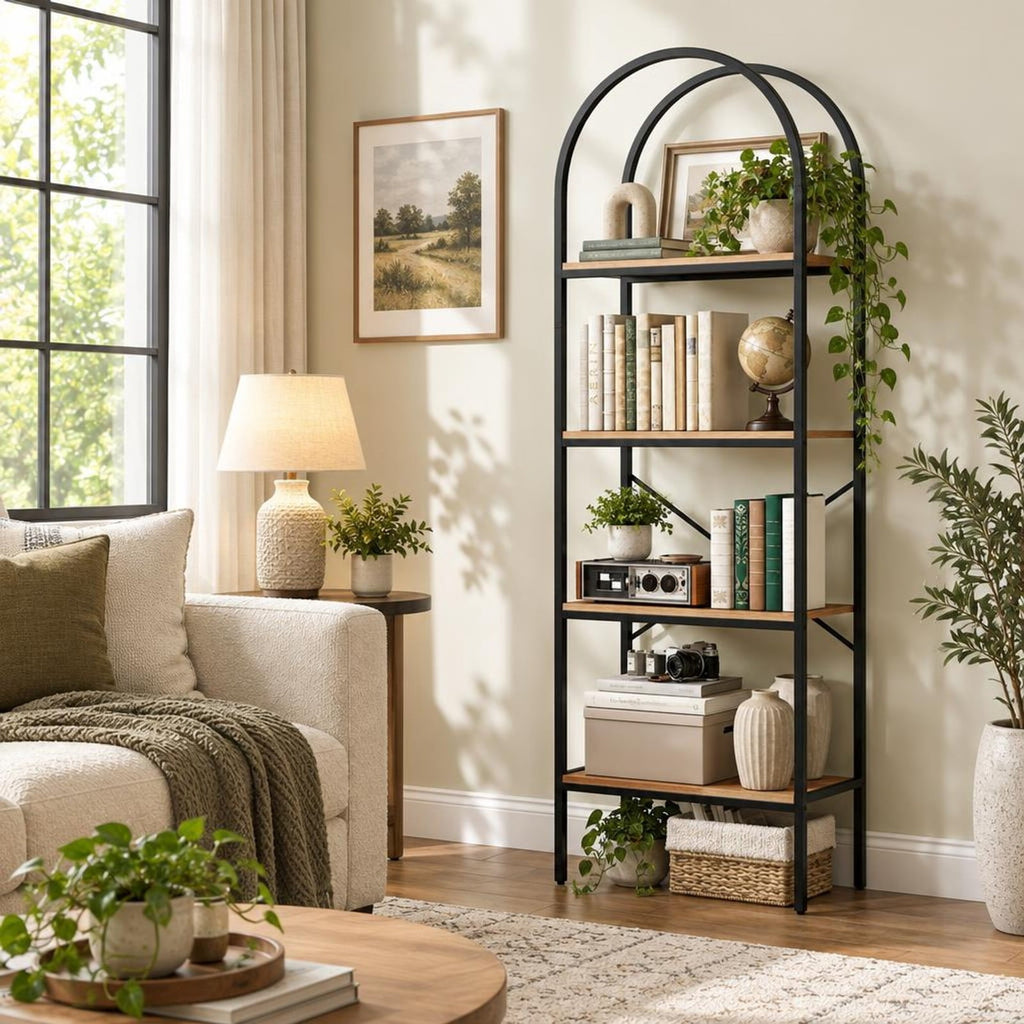 Airfind 71 Inch Tall Arched Bookcase 4-Tier with Storage Shelves and Metal Frame for Home Office-Brown and Black, 44 lbs Capacity, Metal Frame, Brown