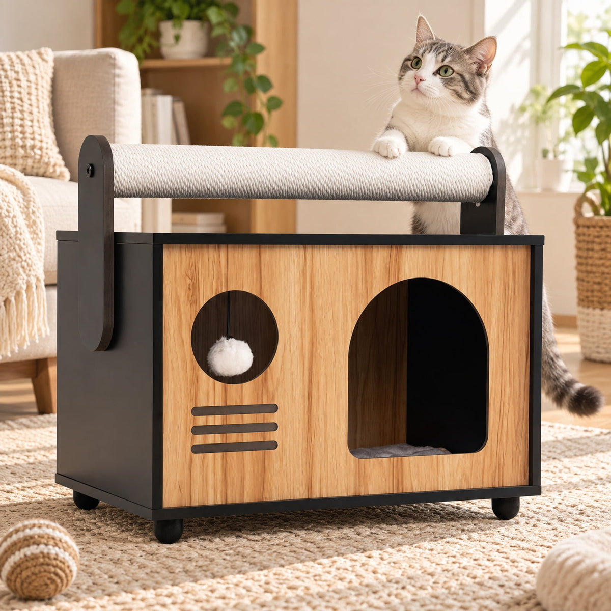 Airfind Wooden Cat House with Scratching Post, 33 lbs Capacity, Engineered Wood Frame, 19 Inch x 12 Inch x 17.5 Inch Height of Cat House 12 Inch Footprint, Black