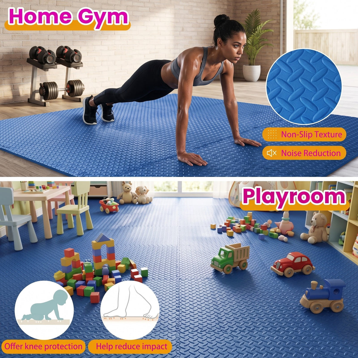 Airfind 24 Tiles Puzzle Exercise Floor Mat with Interlocking EVA Foam and Non-Slip Texture for Home Gym Equipment Protection, Blue