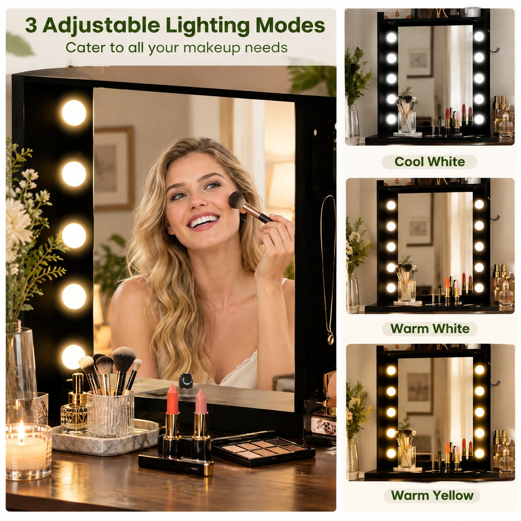 Airfind Compact Vanity Desk Set with 3-Color Lighted Mirror and Power Outlets, 50 kg Capacity, MDF Engineered Wood Glass Sponge Frame, Black