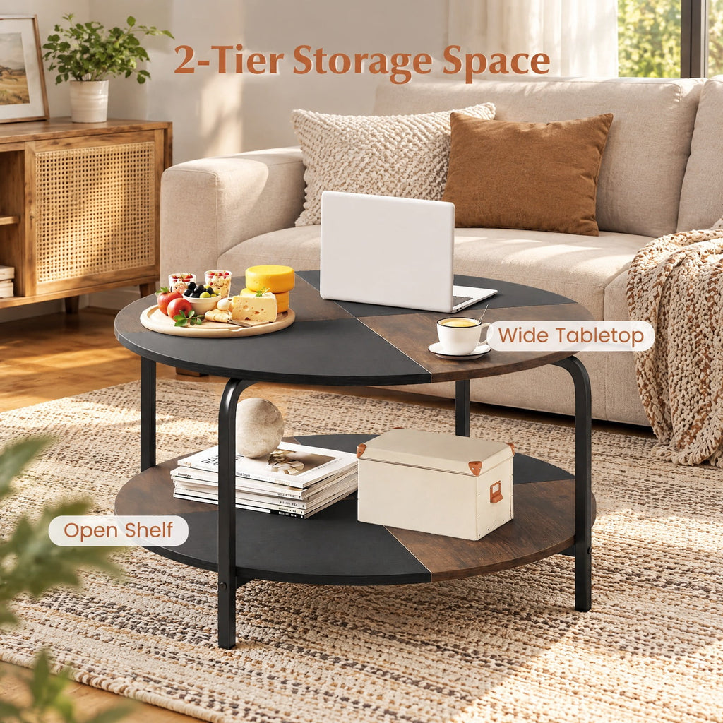 Airfind 2-Tier Round Coffee Table Metal Frame with Storage Shelf, 220 lbs Capacity, Engineered Wood Metal Frame, Coffee