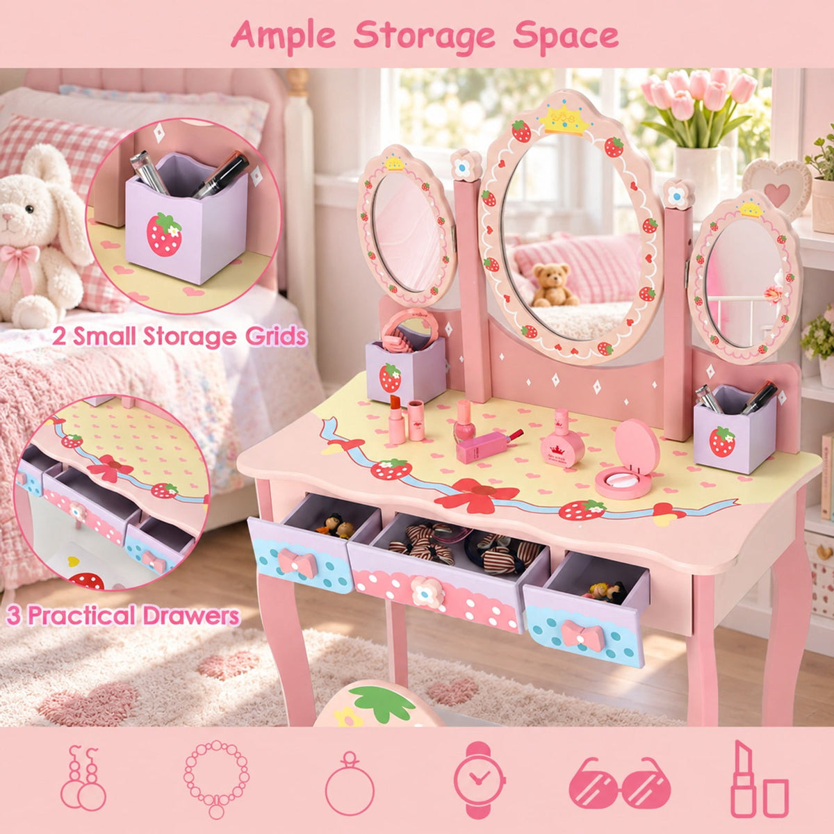 Airfind Kids Vanity Princess Makeup Dressing Table Chair Set with Tri-fold Mirror, 44 lbs Capacity, MDF Frame, Pink