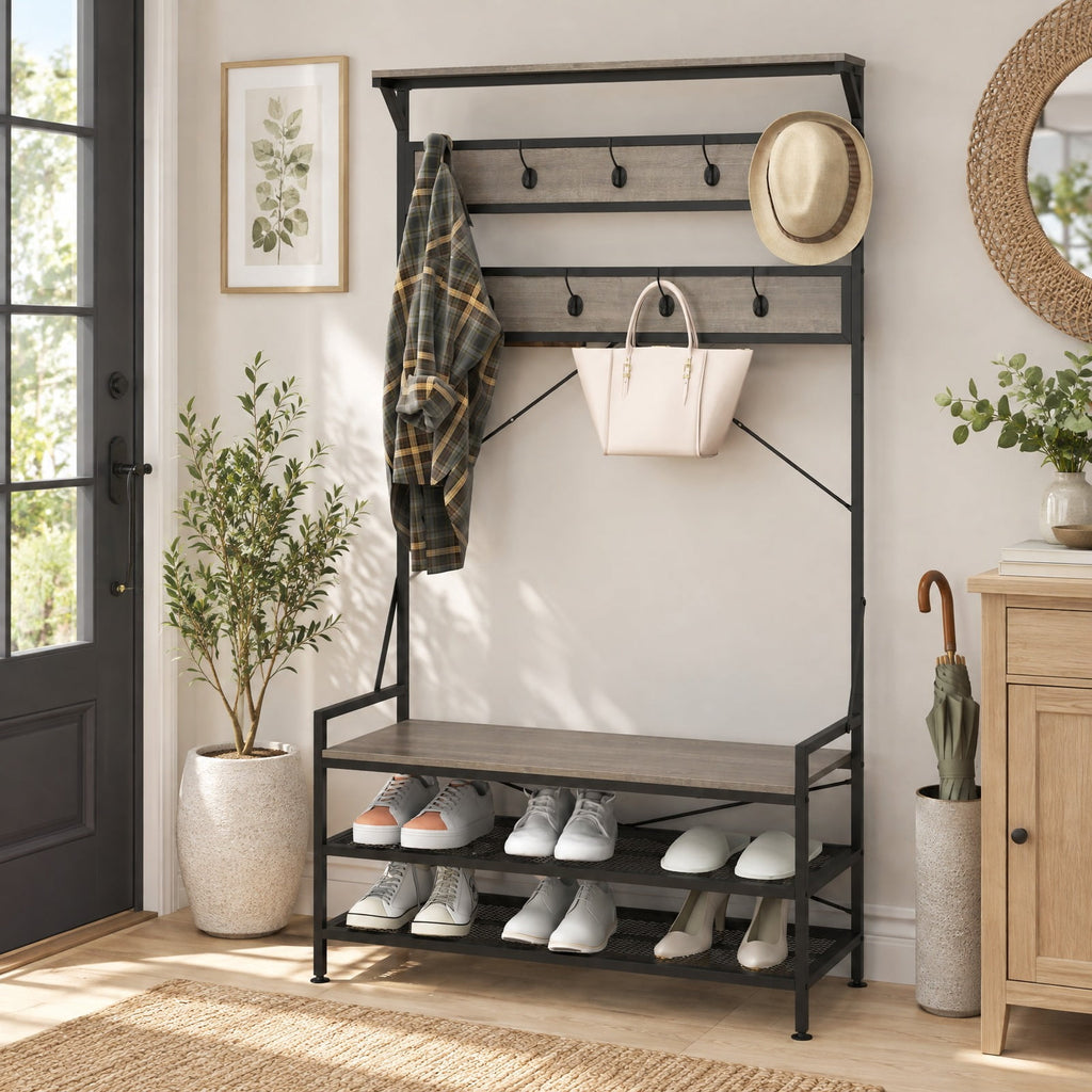 Airfind Coat Rack 4-In-1 Hall Tree with 11 Hanging Hooks Shoe Bench, 341 lbs Capacity, Engineered Wood Metal Frame, 40 x 16 x 72.5 Footprint