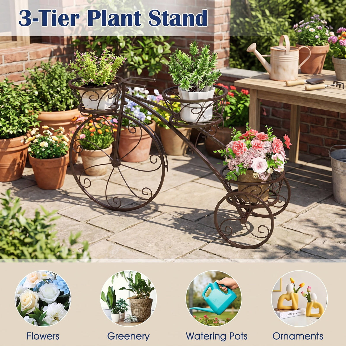 Airfind Tricycle Plant Stand Flower Pot Cart Holder with 3 Hollowed Baskets, Basket 11 LBS Capacity, Metal Frame, 33 x 10 x 20 Footprint, Bronze