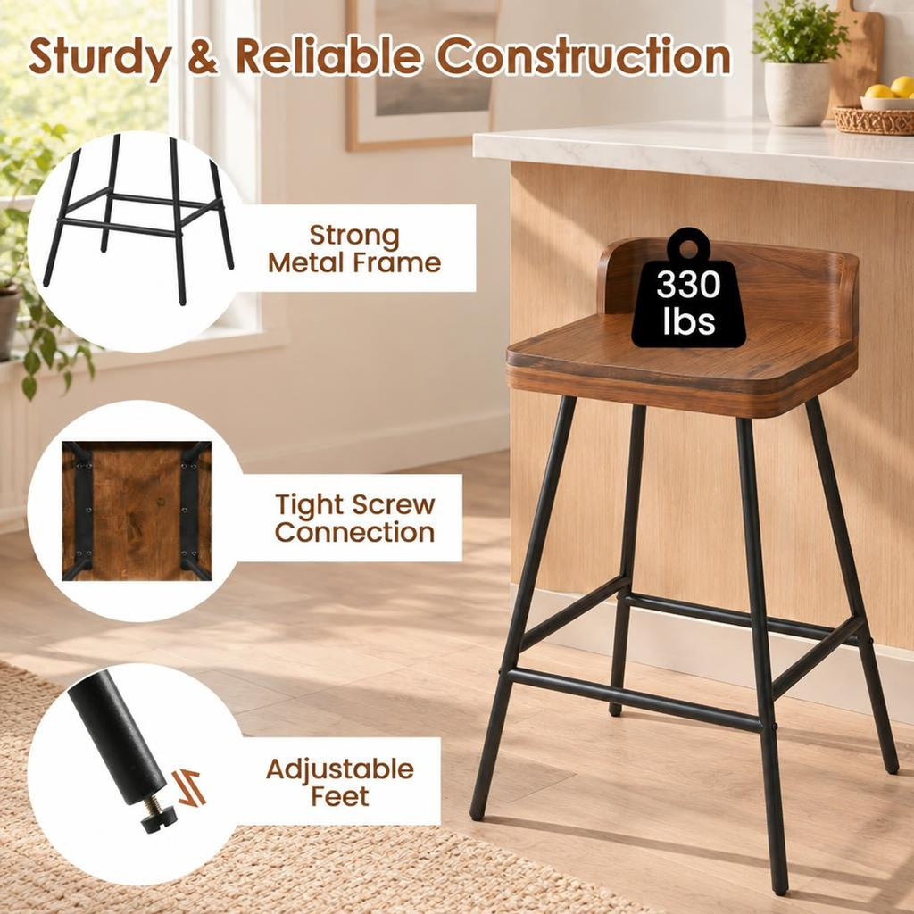 Airfind Set of 2 Counter Height Bar Stool with Low Back Metal Legs and Footrest for Kitchen Island, Bar Stool 330 lbs Capacity, Brown