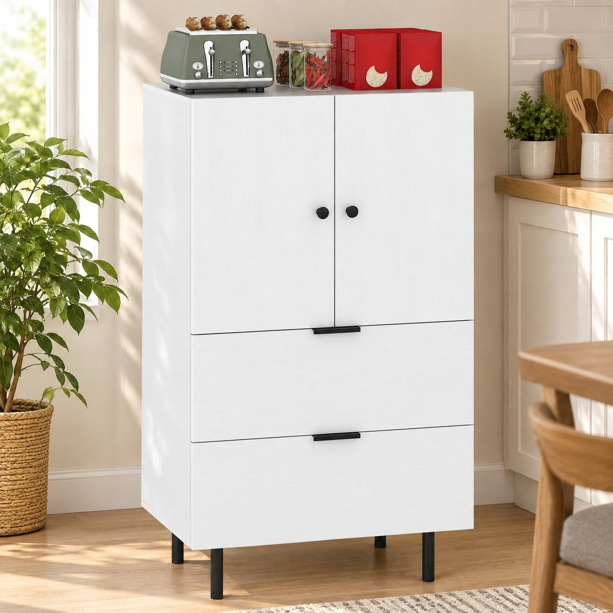 Airfind Sideboard Buffet Cabinet 2-Door Serving Cupboard with Drawers, 155 lbs Capacity, Engineered Wood MDF Metal Frame, White