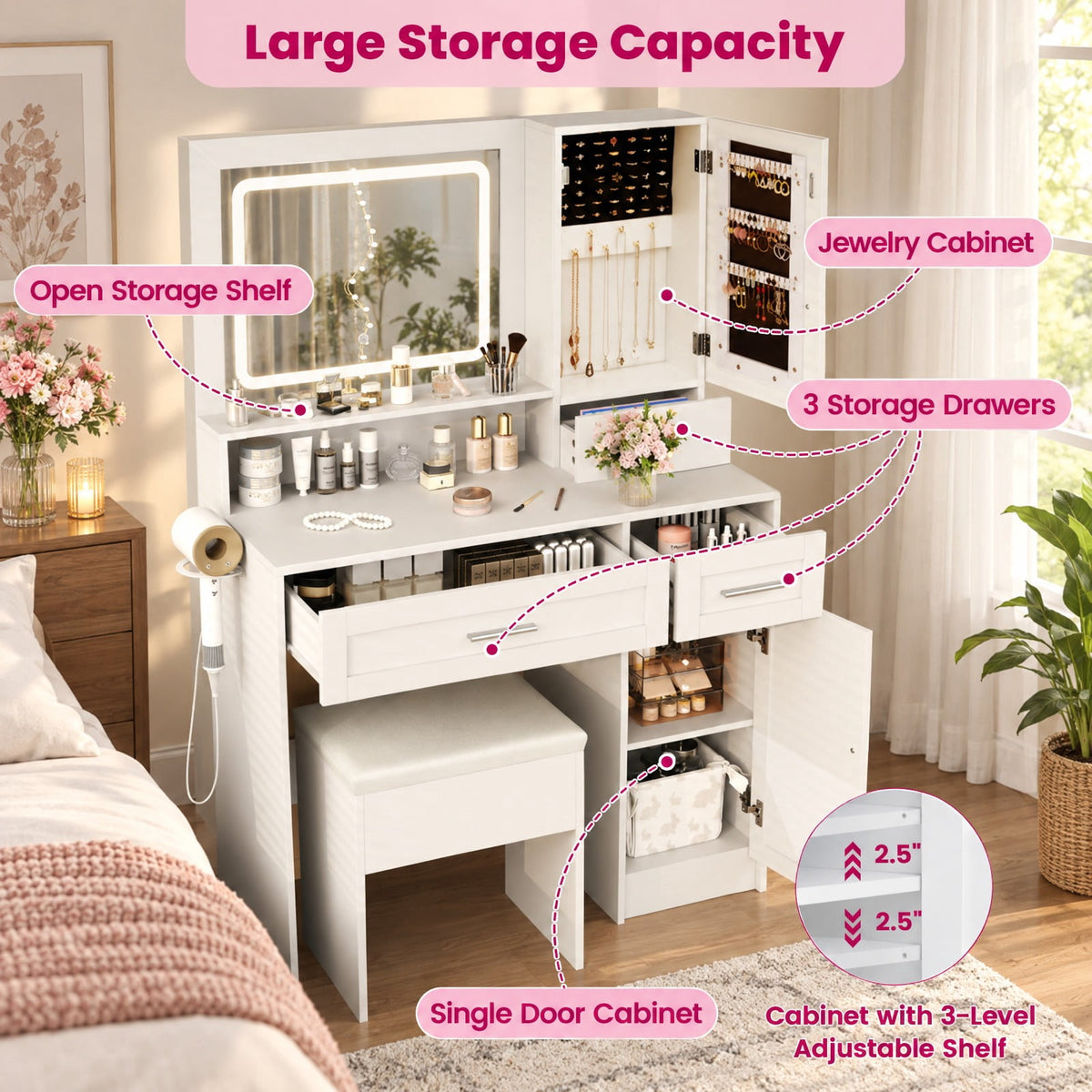 Airfind Makeup Vanity Desk with Mirror and Lights Dressing Table and Stool Set, 110 lbs Capacity, Engineered Wood Frame, White