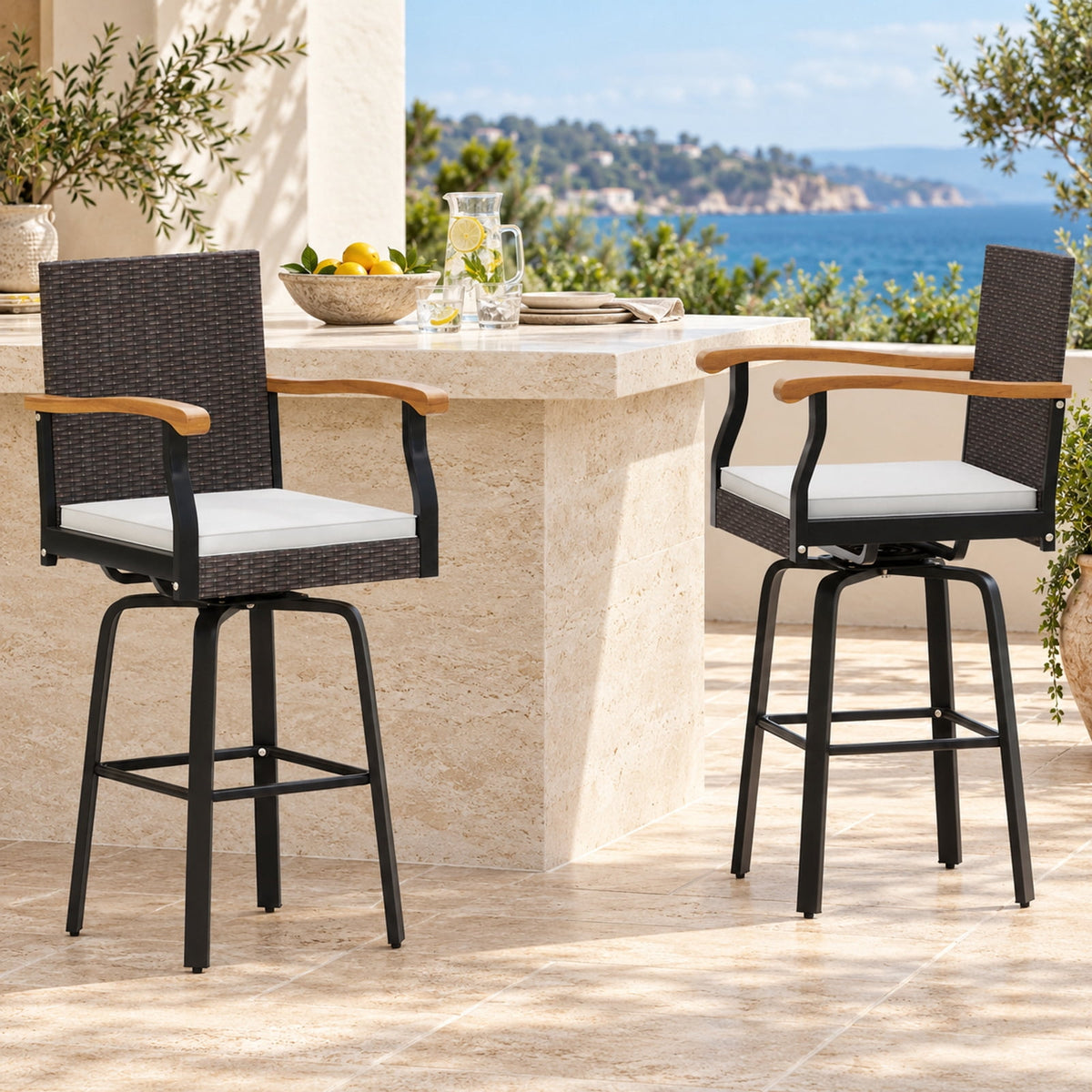 Airfind Set of 4 Outdoor 360° Swivel Bar Stool with Cushion and Acacia Wood Armrests, 400 lbs Capacity, Wood