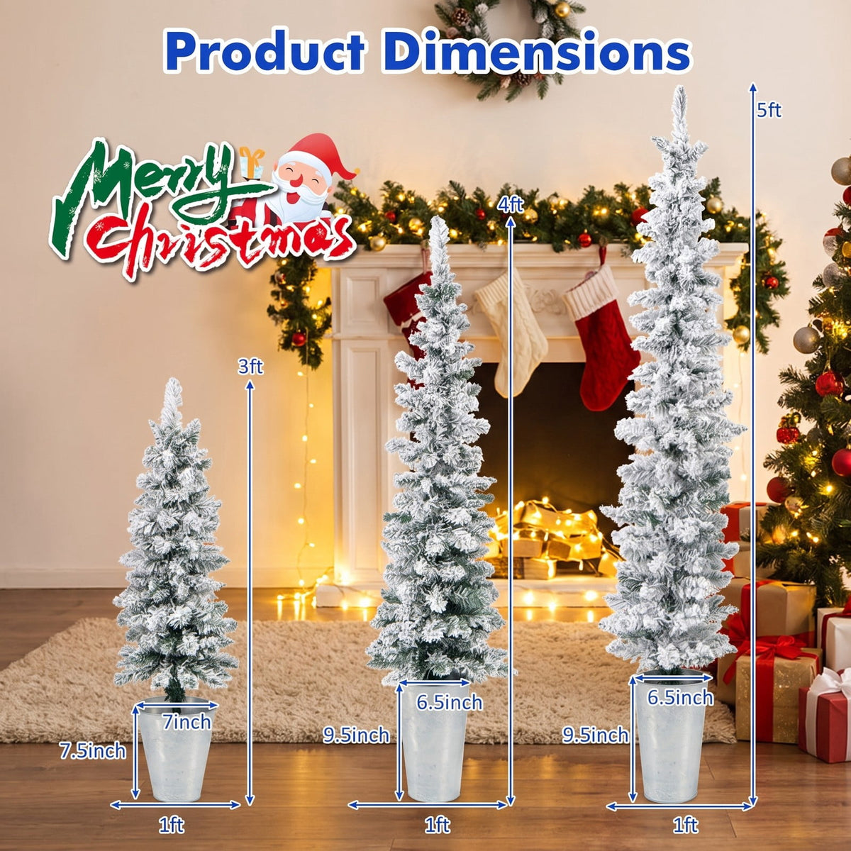 Airfind Set of 3 Potted Artificial Christmas Tree Snow, PVC Metal Flocking Tree Height 3/4/5 ft Tree Width 1 ft Frame, Green+Silver