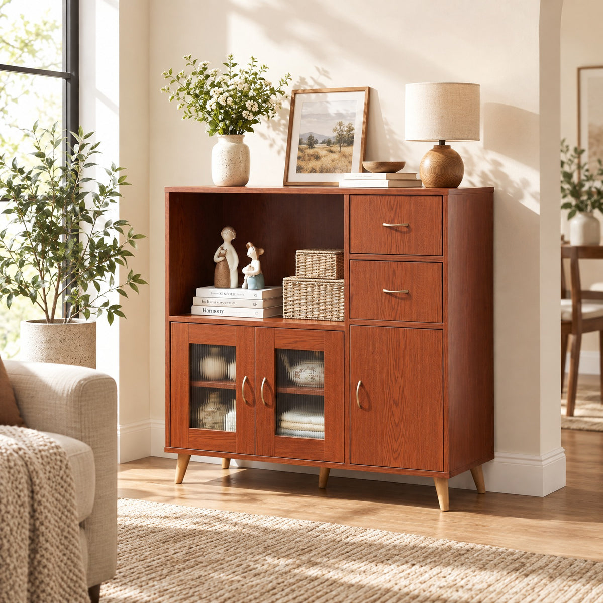 Airfind 36 Inch Sideboard Buffet Cabinet with Open Compartment, 125 lbs Capacity, Engineered Wood PC Frame, 36in × 16in × 35.5in Footprint, Brown