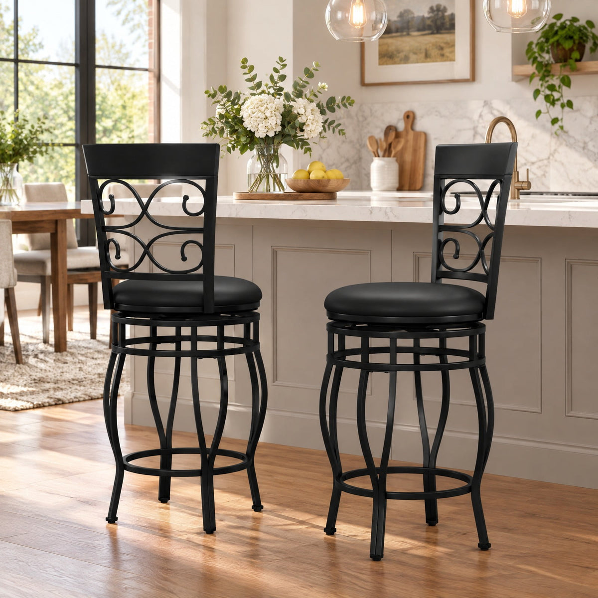 Airfind Set of 2 26 Inch Bar Stool with Backrest and Footrest, 300 Lbs Capacity, Metal PU Sponge, 19 Inch X 16.5 Inch X 45 Inch, Black