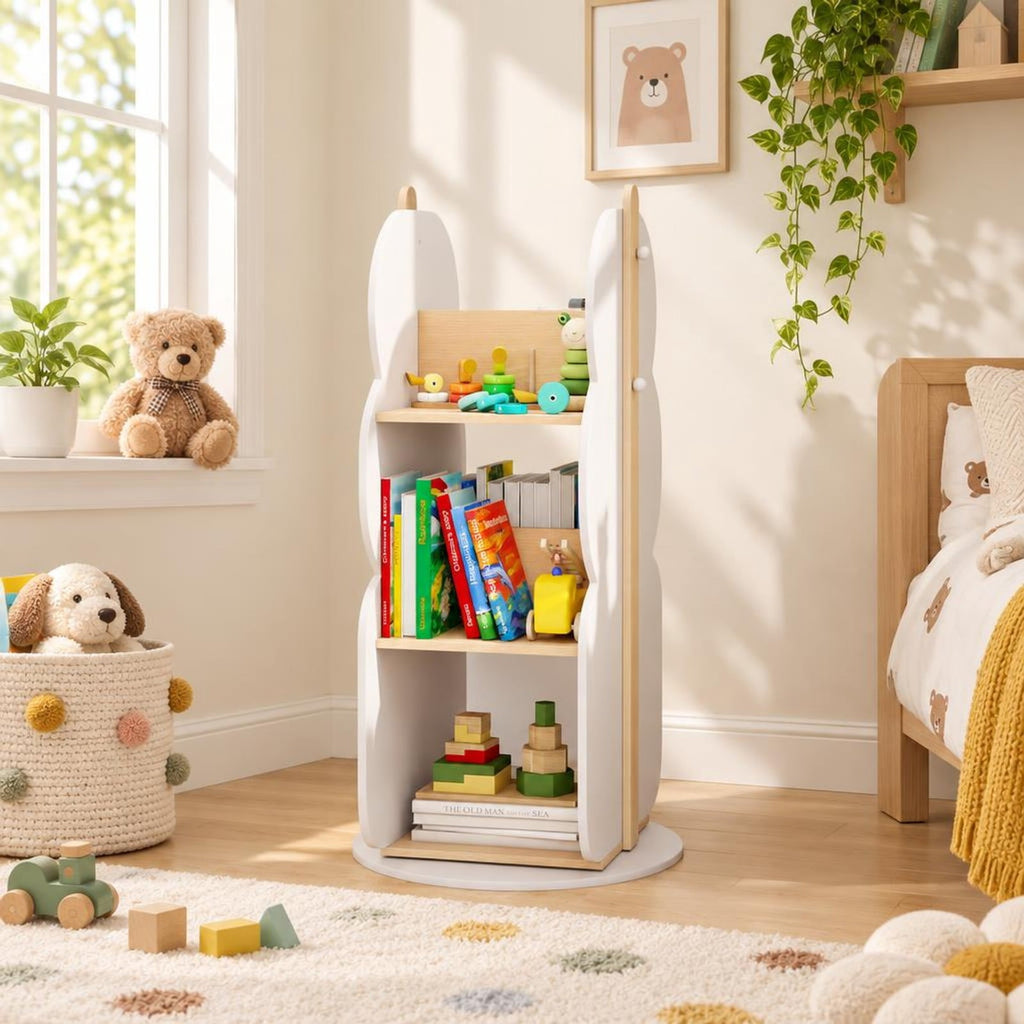 Airfind 360° Kids Rotating Bookshelf Toy Storage Organizer with 5 Shelves, Engineered Board Frame, White