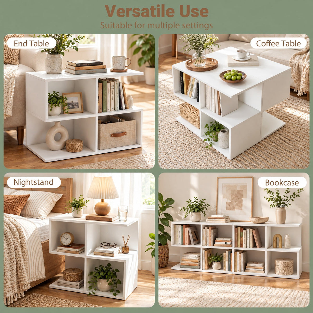 Airfind 3-Tier Modern S-shaped End Table with 4 Storage Cubes, 88 lbs Capacity, Engineered Wood Frame, 24 x 11.5 x 17 Footprint, White