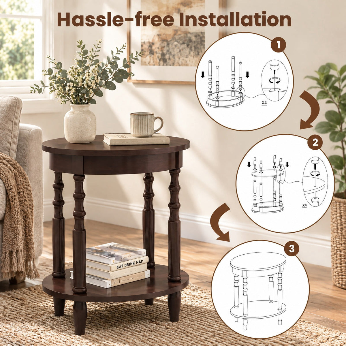 Airfind Side Table, 2-Tier Oval, with Storage Shelf and Solid Wood Legs, 245 lbs Capacity, MDF Rubber Wood Frame, Espresso