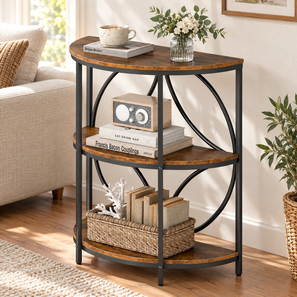 Airfind 3, Tier Half Round End Table with Study Metal Frame for Living Room, Rustic Brown, Smooth rounded edges ensure reliable safety during use