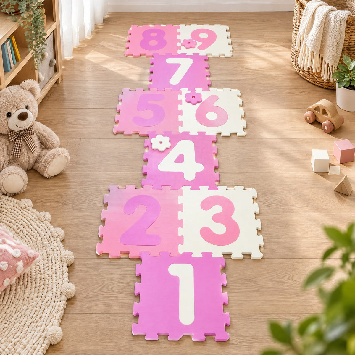 Airfind 9 Pieces Interlocking Foam Puzzle Floor Mat with 3 Marker Discs, EVA Foam Single Piece Frame, for 10 Months+, 71.5 Inch x 24.5 Inch Footprint