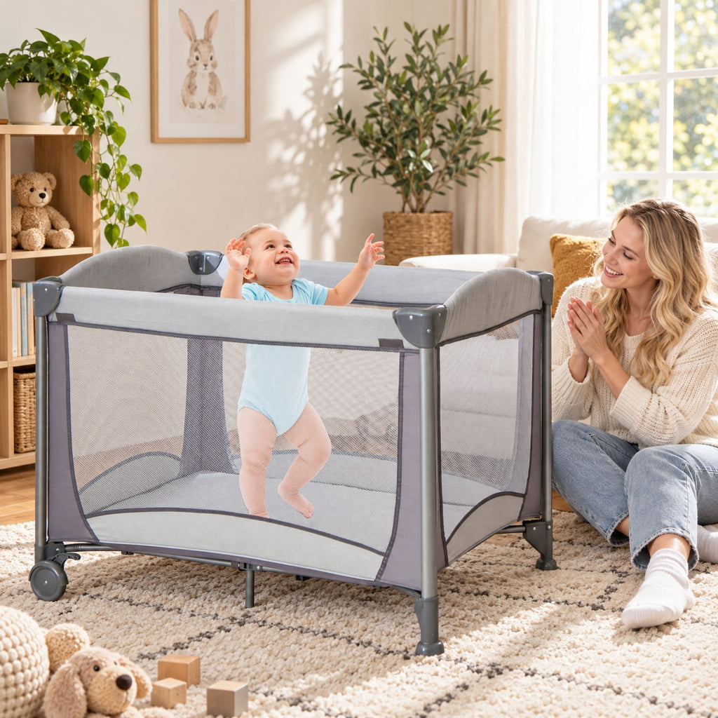 Airfind 5-in-1 Portable Child Playard with Cradle and Storage Basket, 33 Lbs Capacity, Polyester Fabric Sponge Iron PP Basic Child Playard, Gray