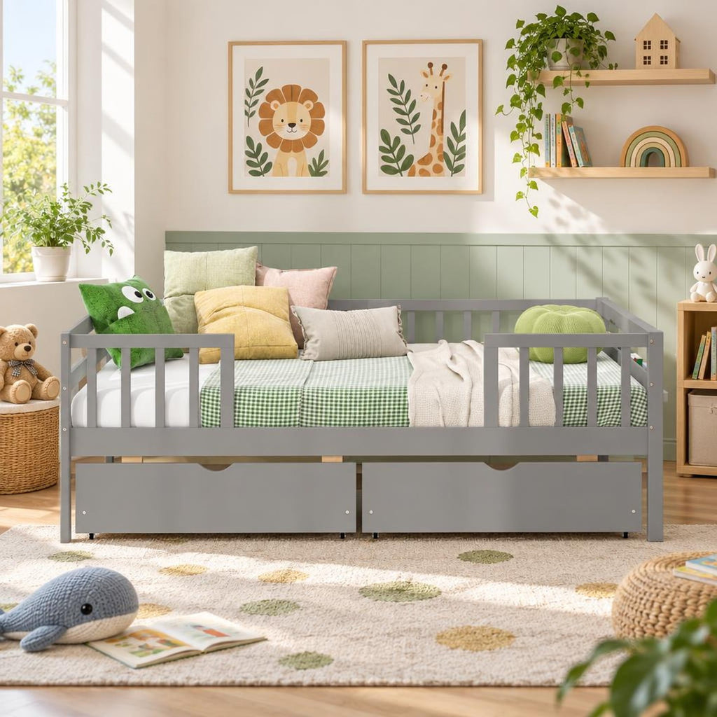 Airfind Twin Daybed with Fence and 2 Drawers Kids Bed for Boys Girls, 200 lbs Capacity, Pine Wood MDF Engineered Wood Plywood Frame, Gray