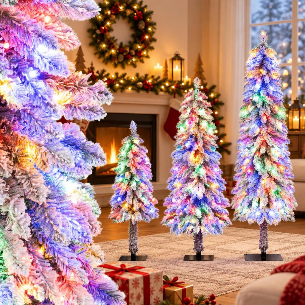 Airfind Artificial Christmas Tree Set of 3 with Snow, PVC Metal Tree Height 3 ft Tree Width 18in Base Frame, Green + White