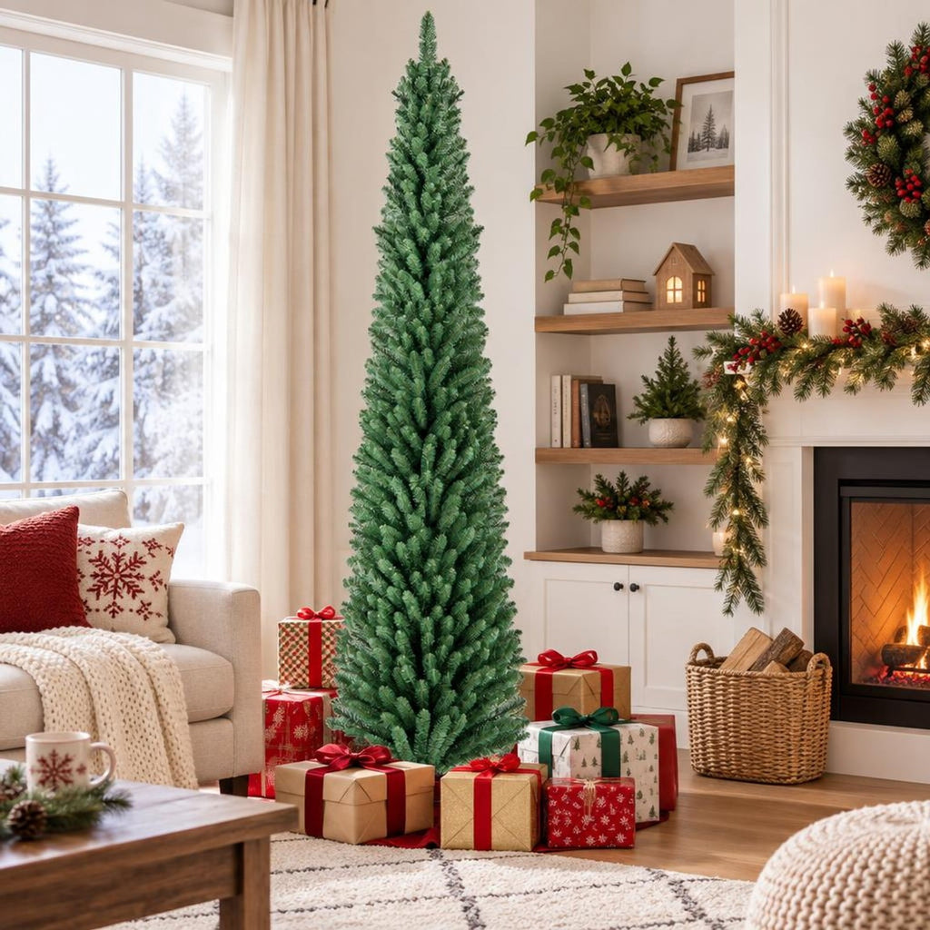 Airfind 8 Ft Prelit Pencil Christmas Tree featuring 250 Warm White LED Lights, Slim Artificial Xmas Tree with 671 Memory Wire Branch Tips, Green