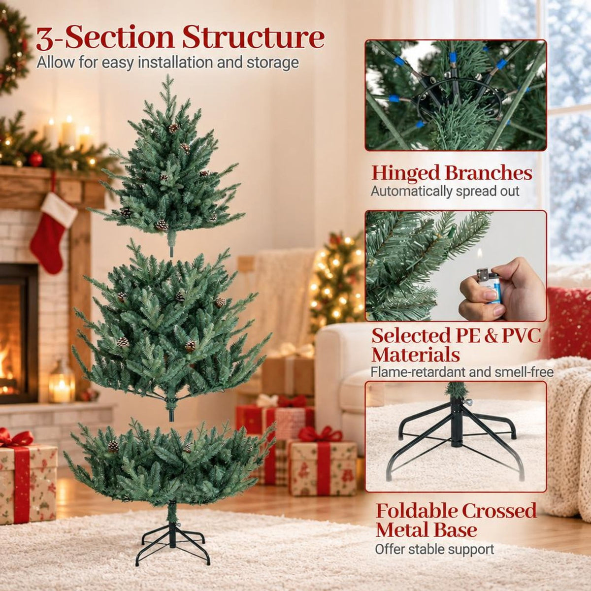 Airfind Pre-Lit Artificial Christmas Tree with Multicolored LED Lights, PE PVC Metal Frame, Size S 3.4 x 6 ft Footprint, Green
