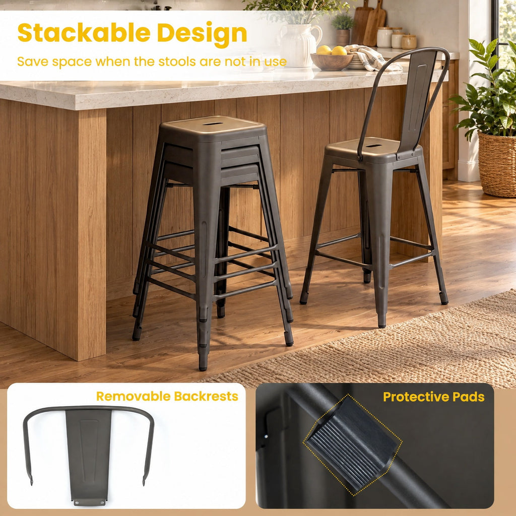 Airfind Set of 4 Metal Bar Stools with Backrests and Footrests, 350 Lbs Capacity, Metal, 18 Inch X 17.5 Inch X 40.5 Inch for Convenient Everyday Use, Gun Metal
