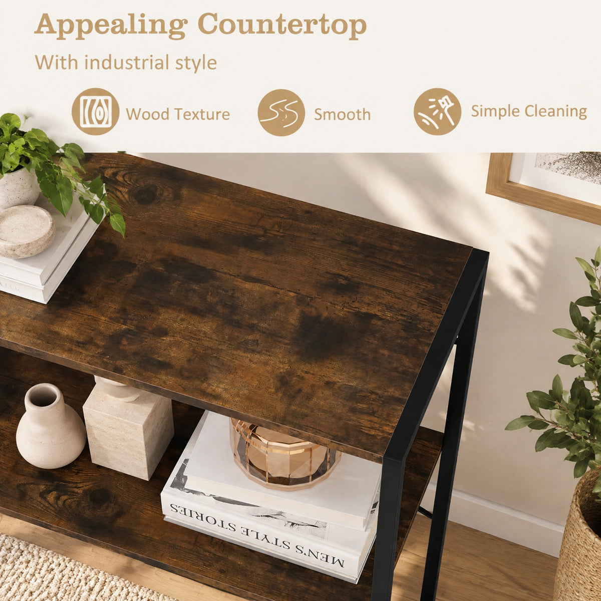 Airfind 36 Console Table 2-Tier Entryway Table with Wooden Open Shelves and Metal Frame, 66 lbs Capacity, Engineered Wood Metal Frame, Brown