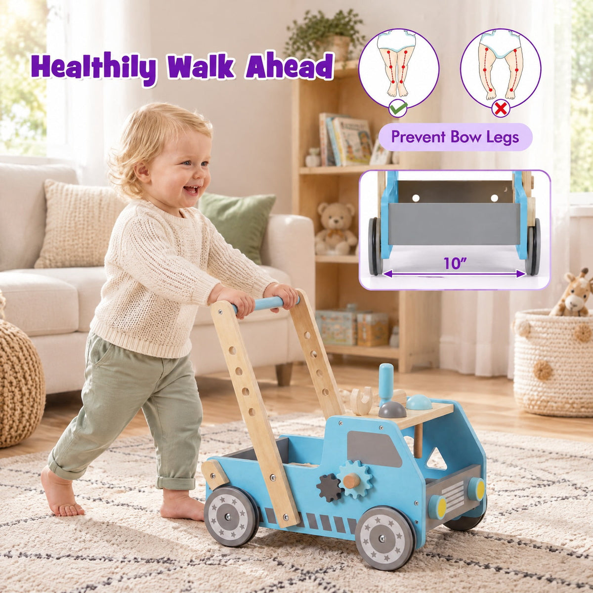 Airfind 2-in-1 Wooden Baby Walker with Adjustable Speed and Bottom Storage, MDF Frame, for 3+ Years Old, 16in x 12.5in x 16.5in Footprint, Blue