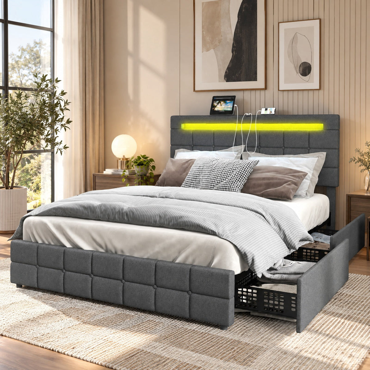 Airfind Upholstered LED Bed Frame with Headboard and 4 Drawers, 880 lbs Capacity, 78 x 43.5 x 40.5-42.5(L x W x H) Drawer Footprint, Gray