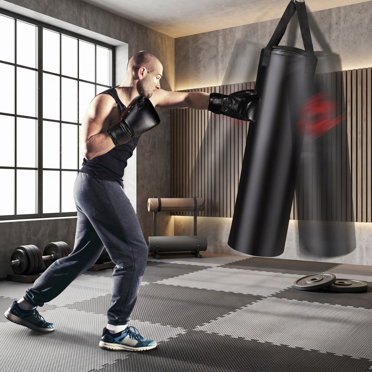 Airfind 63 lbs Filled Punching Bag Set with Boxing Gloves and Hand Wraps, Heavy Duty PVC Leather Freestanding Hanging Boxing Bag for Karate Muay Thai MMA, Black