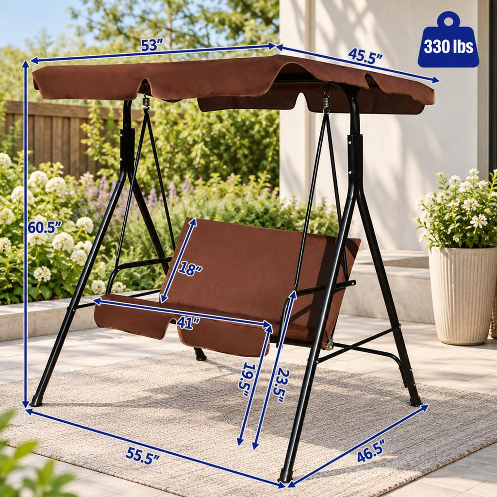 Airfind Loveseat Cushioned Patio Steel Frame Swing Glider, 330 lbs Capacity, Steel pipe Frame, 55.0 Inch x 43.5 Inch x 60.5 Inch Footprint, Brown