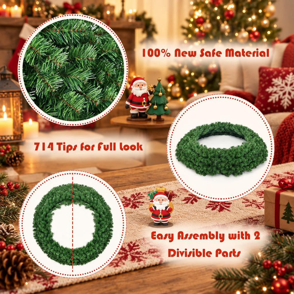 Airfind 48 Inch Pre-Lit Artificial Christmas Wreath with 200 Warm LED Lights and 714 PVC Branch Tips, Battery Operated, Green