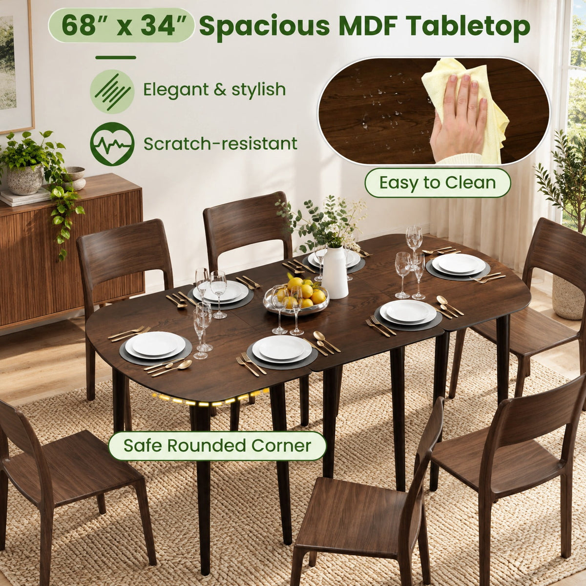 Airfind Extendable Oval Dining Table Set with 2 Half-Round Tables for 4-6 People, 260 lbs Capacity, MDF Rubber Wood Frame, Walnut