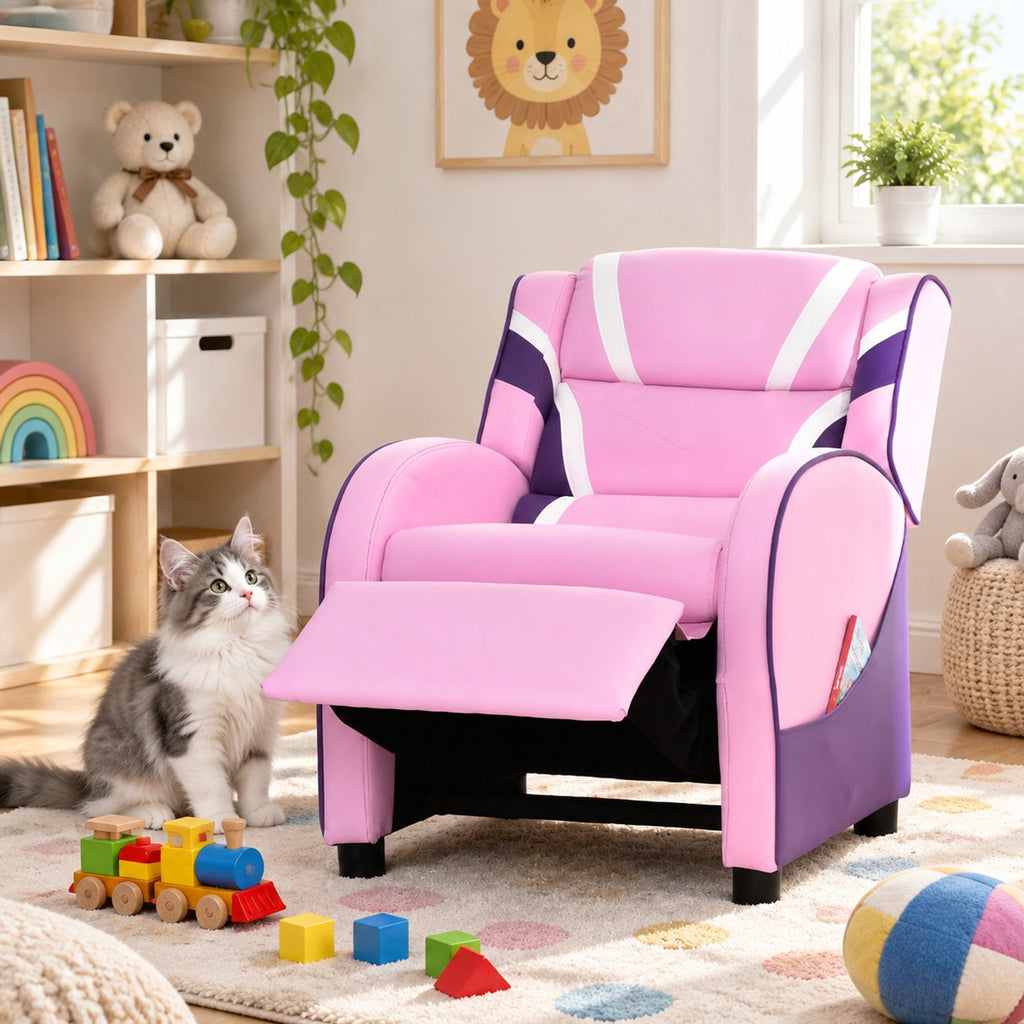 Airfind Kids Leather Recliner Chair with Side Pockets, Solid wood PU leather sponge plastic iron Frame, for 3-9 years old, Pink
