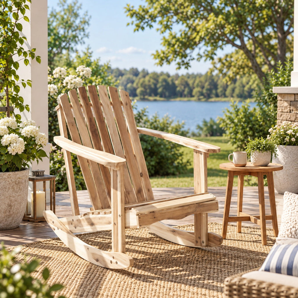 Airfind Adirondack Rocking Chair with Slatted Seat and High Fanned Back, 400 lbs Capacity, Acacia Wood Frame, 37 Inch x 29.5 Inch x 35 Inch Footprint, Natural