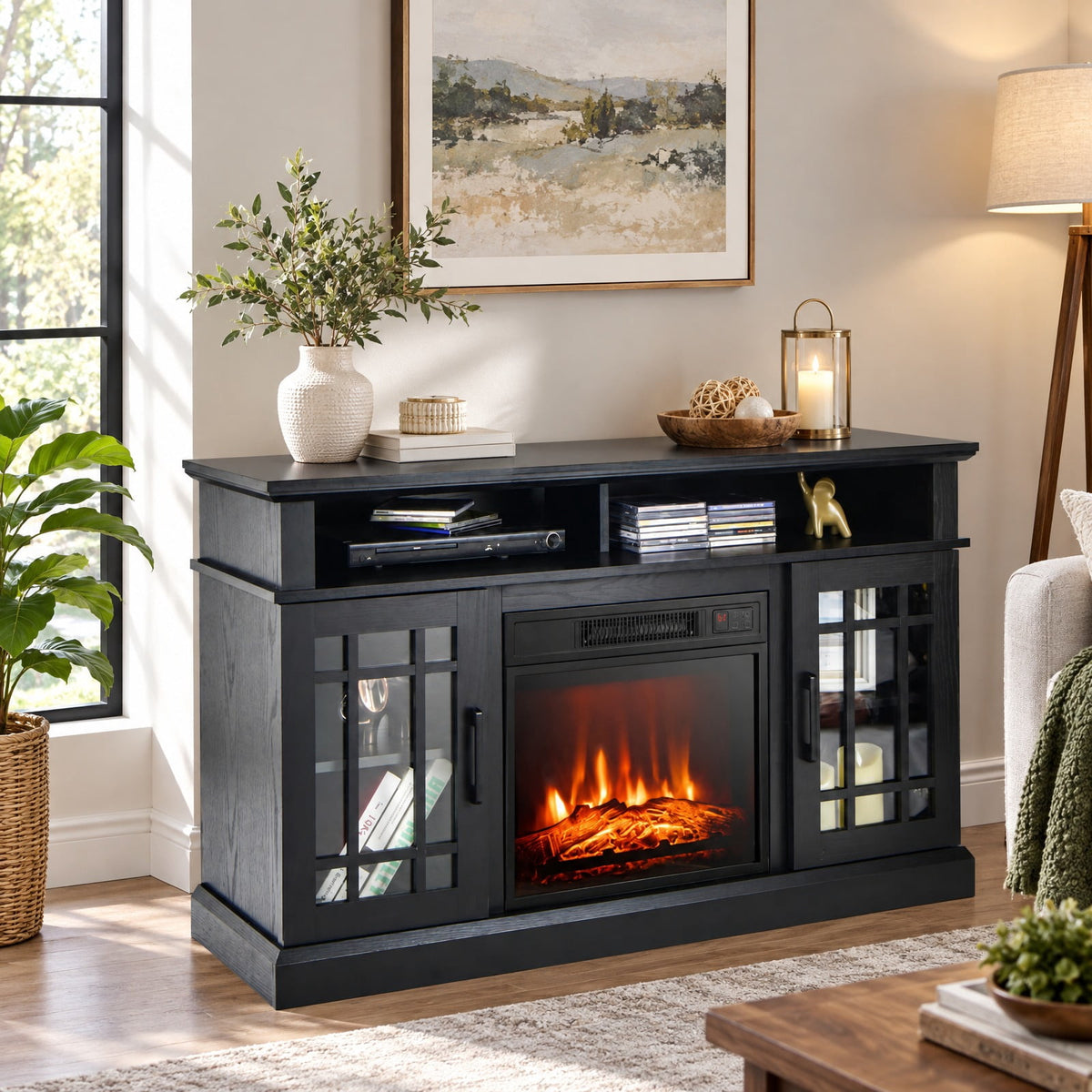 Airfind 48 Inch Electric Fireplace TV Stand with Cabinets for TVs up to 55 Inch, 70 Lbs Capacity, 48 Inch X 16 Inch X 30 Inch, Black