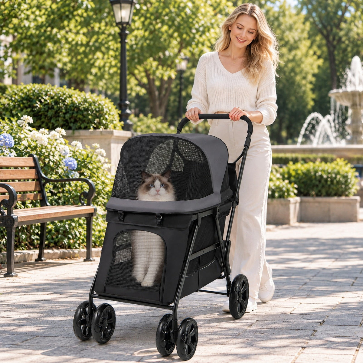 Airfind Dog Stroller for Medium Small Senior Elderly Dogs with Dual Entry, 66 lbs Capacity, 600D Oxford Fabric Mesh Metal Frame, Black