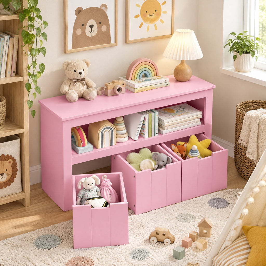 Airfind Kid Toy Storage Cabinet Drawer Chest with Wheels and Large Storage Cube Shelf, 110 lbs Capacity, MDF Frame, Pink