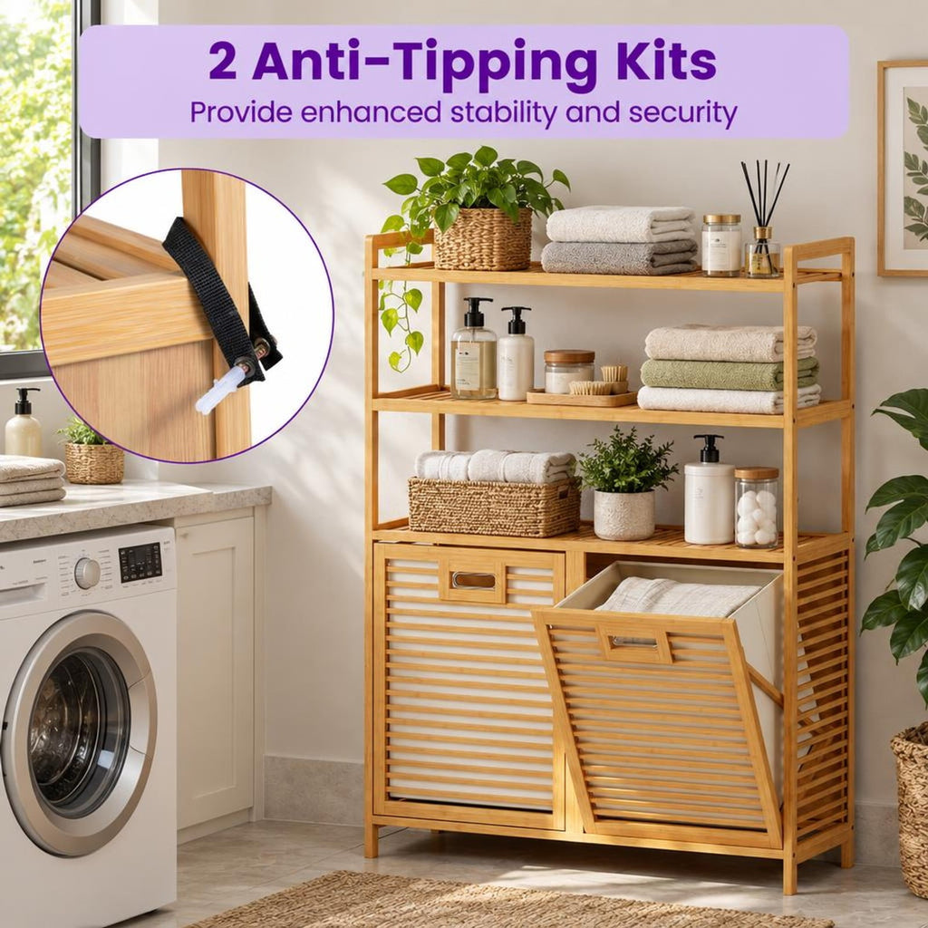 Airfind Double Tilt Out Laundry Hamper with 3 Shelves and 2 Removable Baskets for Dirty Clothes, 220 lbs Capacity, 32in x 12in x 44in Laundry Footprint