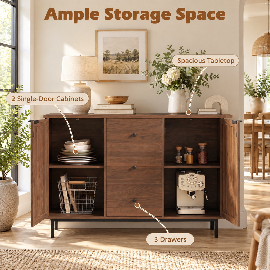 Airfind Sideboard Buffet Cabinet Rustic Farmhouse Coffee Bar Table with 2 Rattan Doors and 3 Drawers, 110 lbs Capacity, Engineered Wood Frame, Brown
