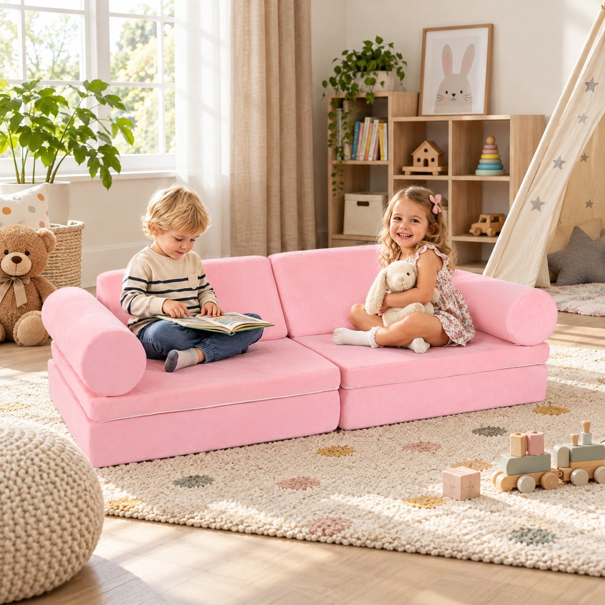 Airfind 8 Pieces Kids Play Couch Foam Building Fort Play Set with Suede Cover, Suede Fabric Sponge Frame, 63in x 31.5in x 19.5in Footprint, Pink