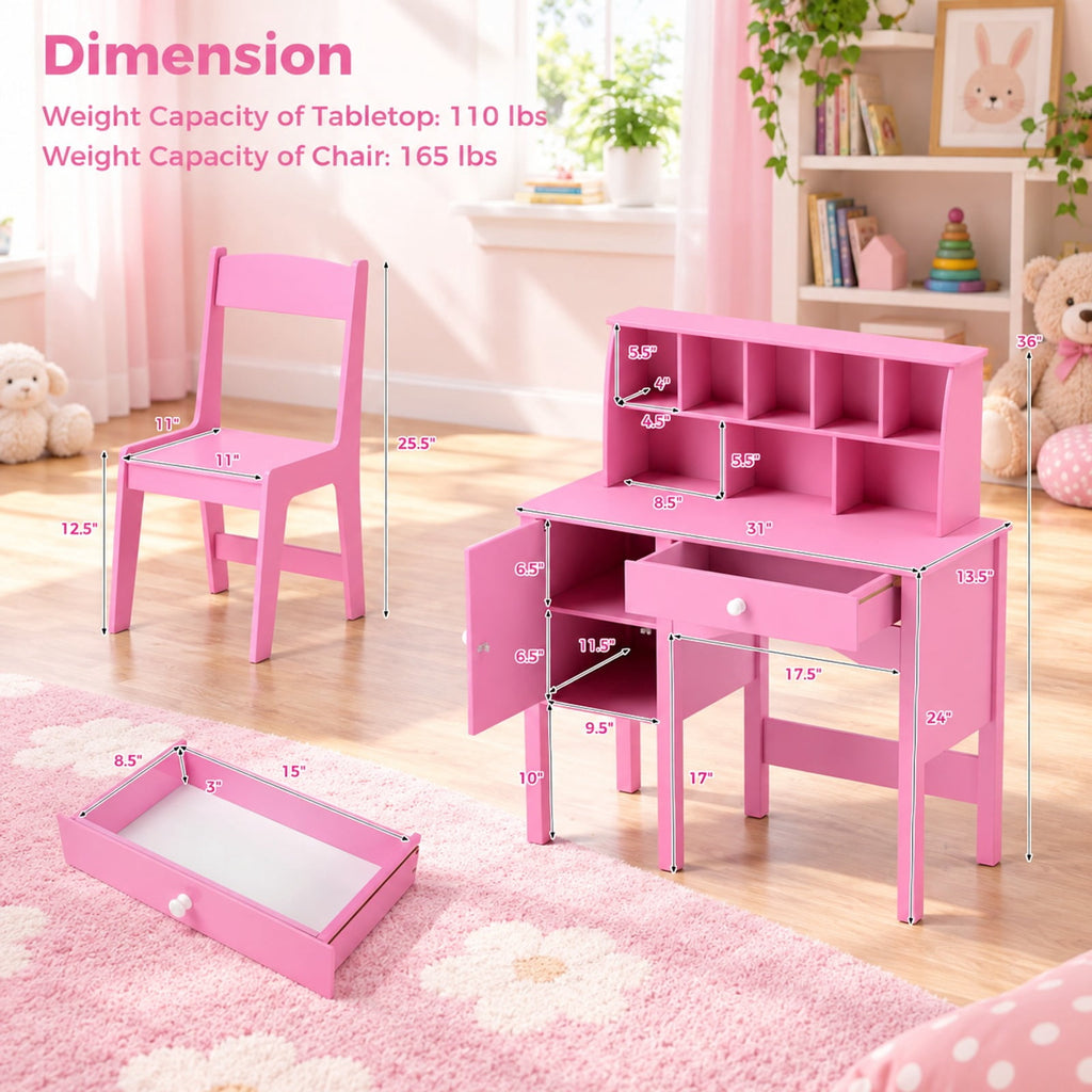 Airfind Kids Study Desk and Chair Set with Chair Hutch and Storage Cabinet for 3+ Years Old, 110 lbs Capacity, MDF Frame, Pink