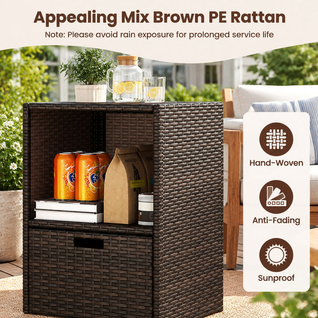 Airfind Outdoor Storage Cabinet Patio Wicker Organizer with Drawer, PE Rattan Metal Frame, 19.5 x 19.8 x 43 Footprint, Brown
