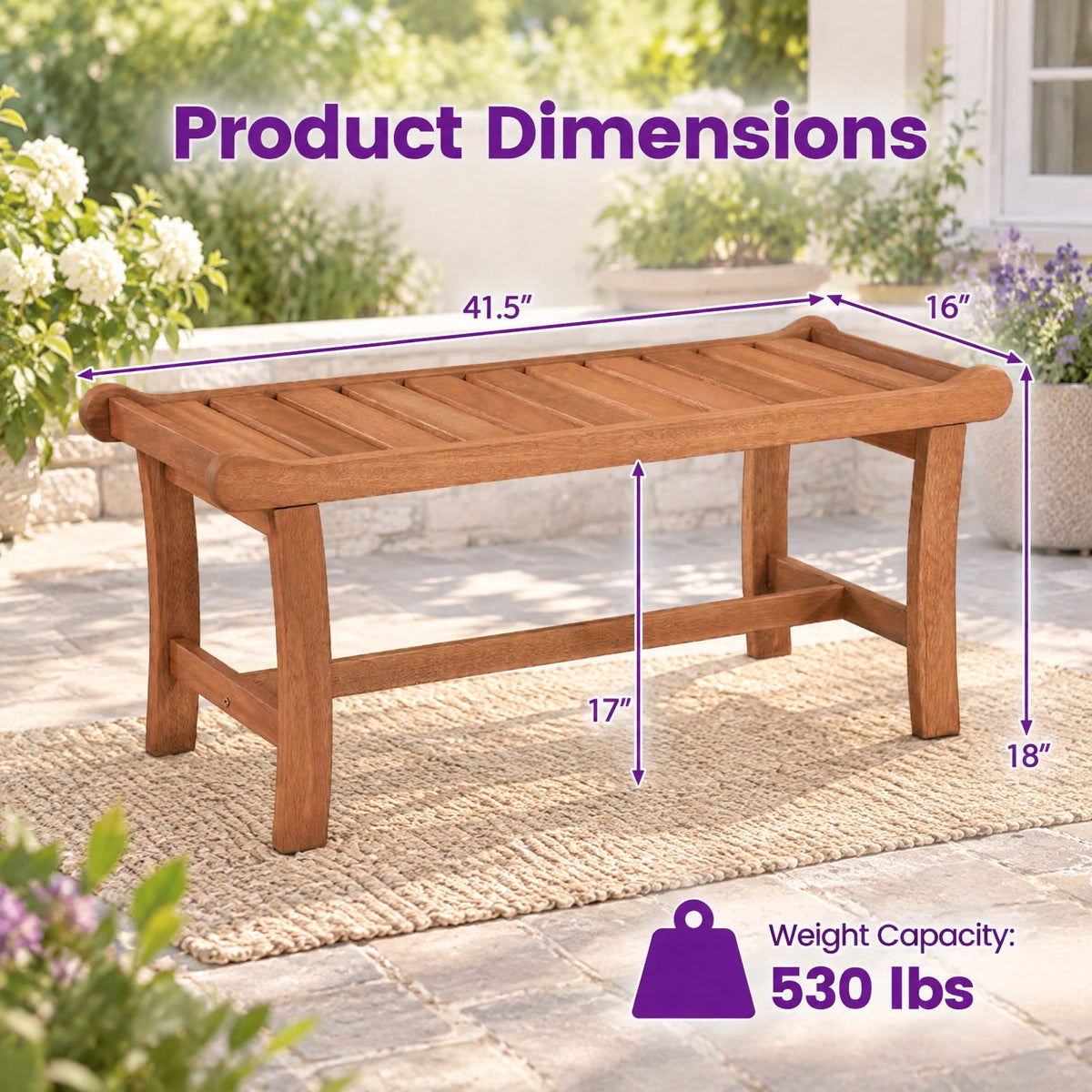 Airfind 2-Person Outdoor Wood Bench with Slatted Seat and Raised Edges-1 Piece, 530 lbs Capacity, Mixed Hardwood Frame, 41.5 x 16 x 18 Footprint