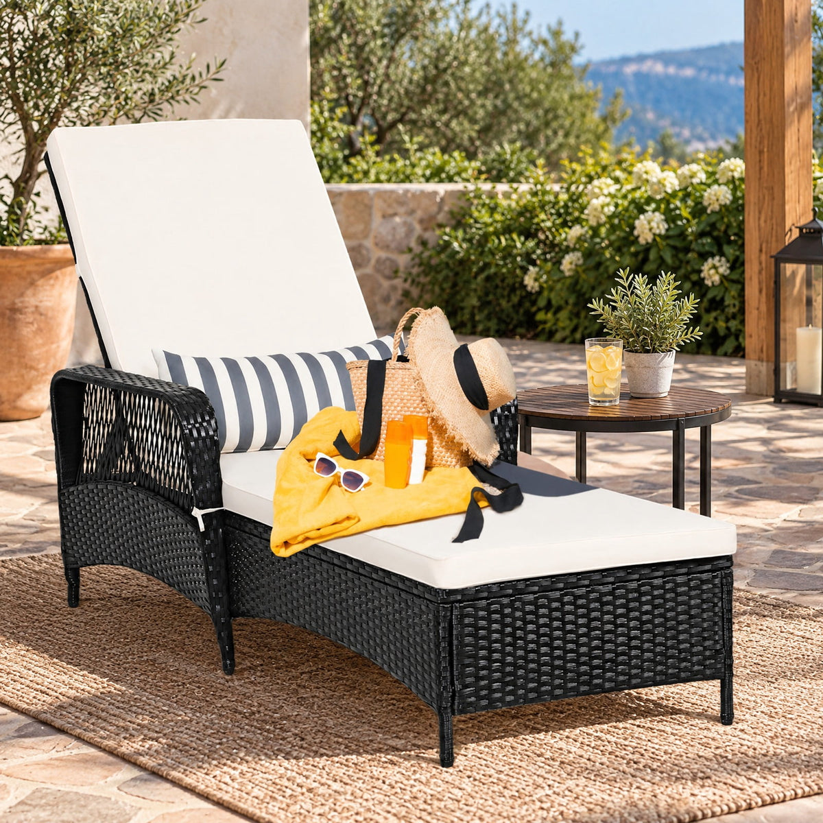 Airfind PE Rattan Armrest Chaise Lounge Chair with Adjustable Pillow, 400 lbs Capacity, Steel PE wicker rattan fabric foam Frame, White