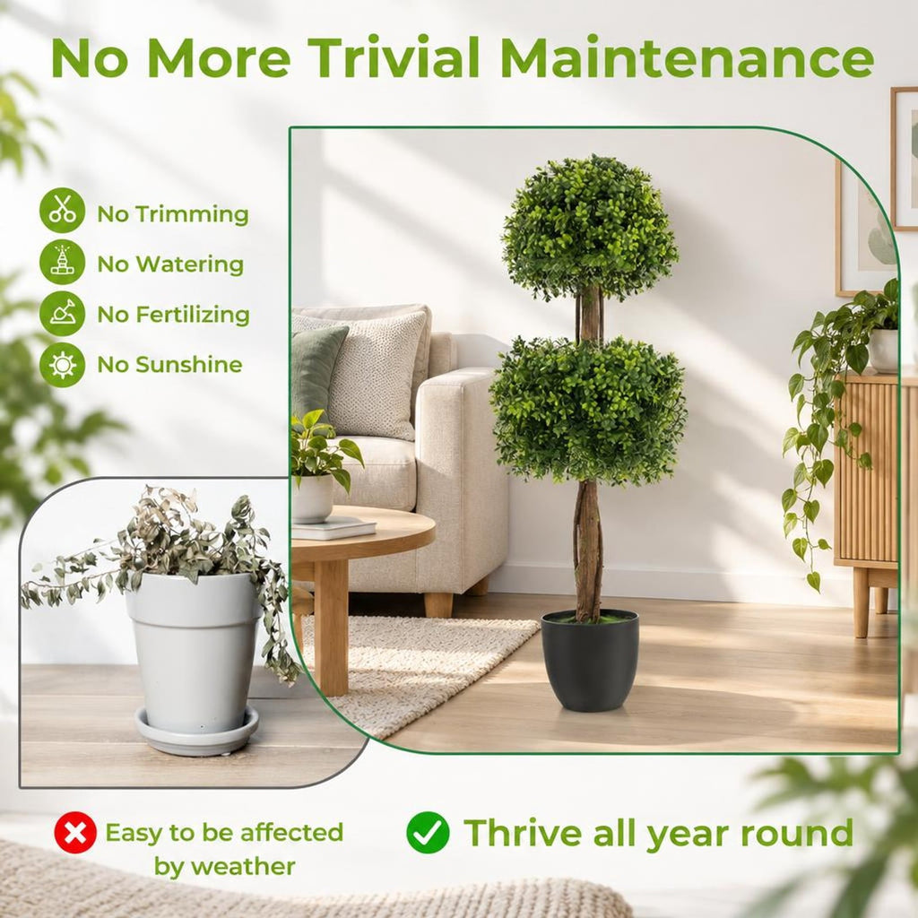 Airfind 40 Inch Artificial Boxwood Topiary Ball Tree for Front Porch Patio Home, PP Cement PE for Convenient Everyday Use, Green