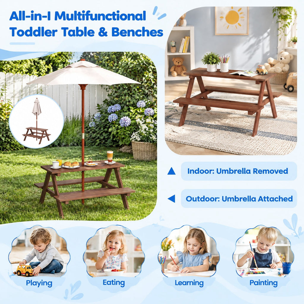 Airfind Outdoor 4-Seat Kids Picnic Table Bench with Umbrella, Fir wood polyester fabric Bench Frame, 28 x 8.5 x 13 /35 x 6.5 x 11 Footprint