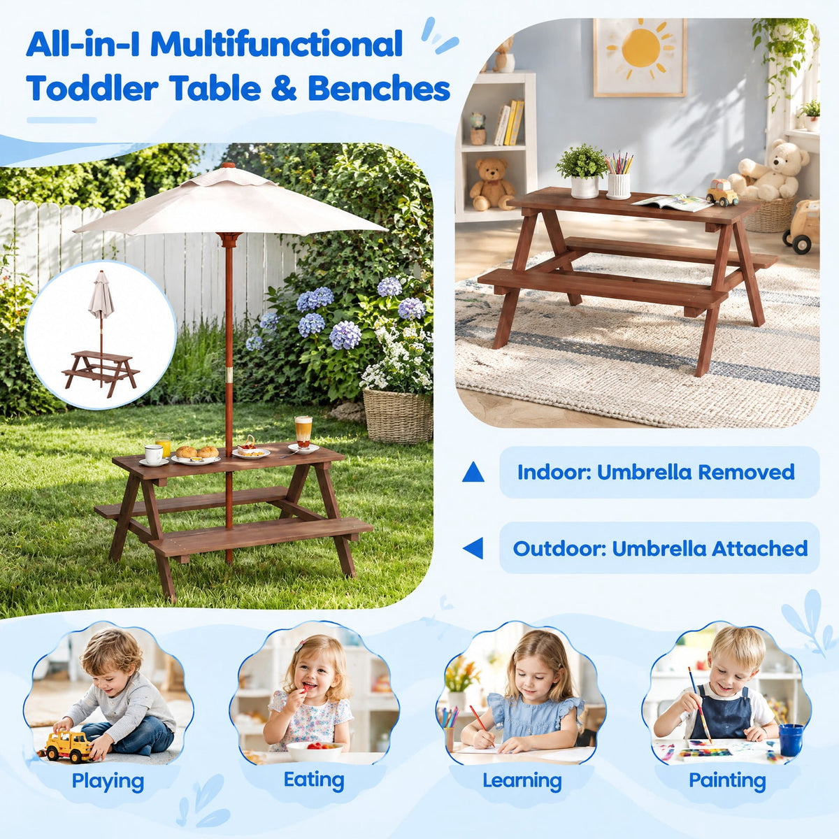 Airfind Outdoor 4-Seat Kids Picnic Table Bench with Umbrella, Fir wood polyester fabric Bench Frame, 28 x 8.5 x 13 /35 x 6.5 x 11 Footprint